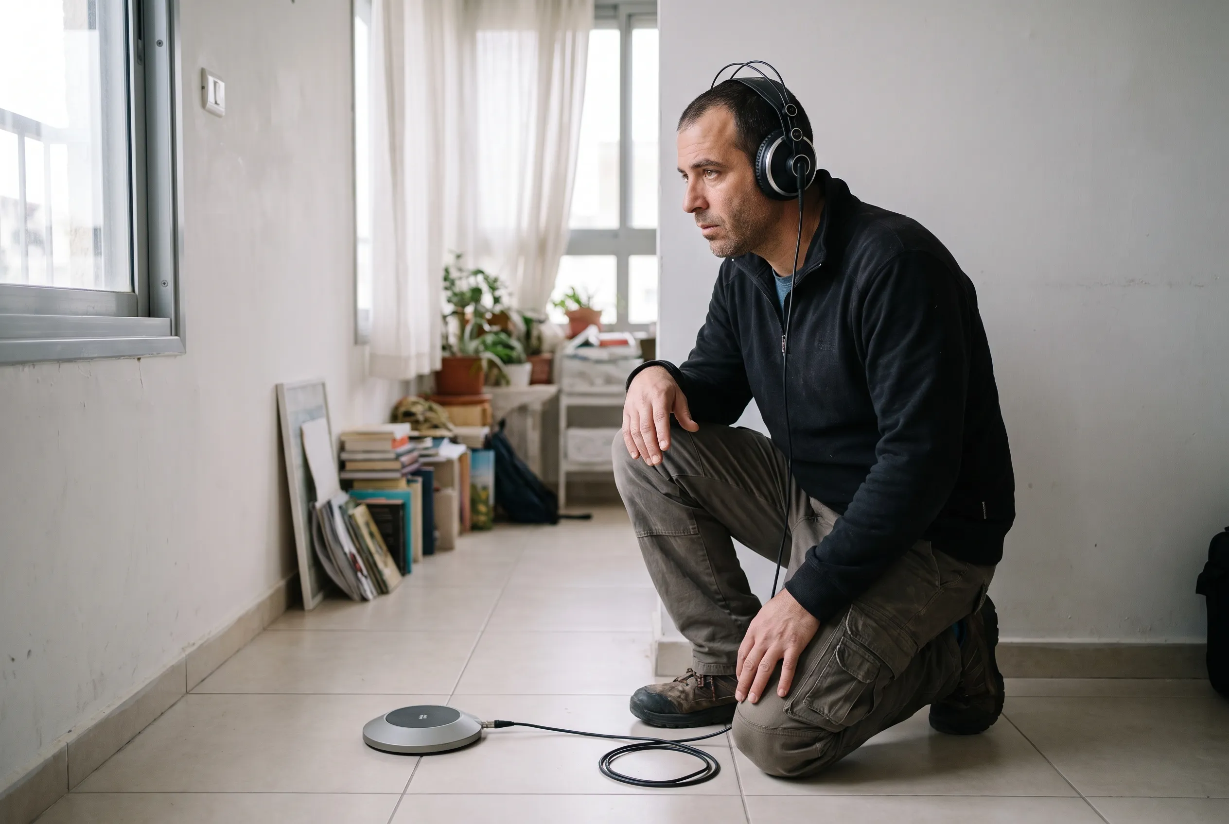 טכנאי עם אוזניות מאזין למכשיר אקוסטי לאיתור נזילות על הריצוף