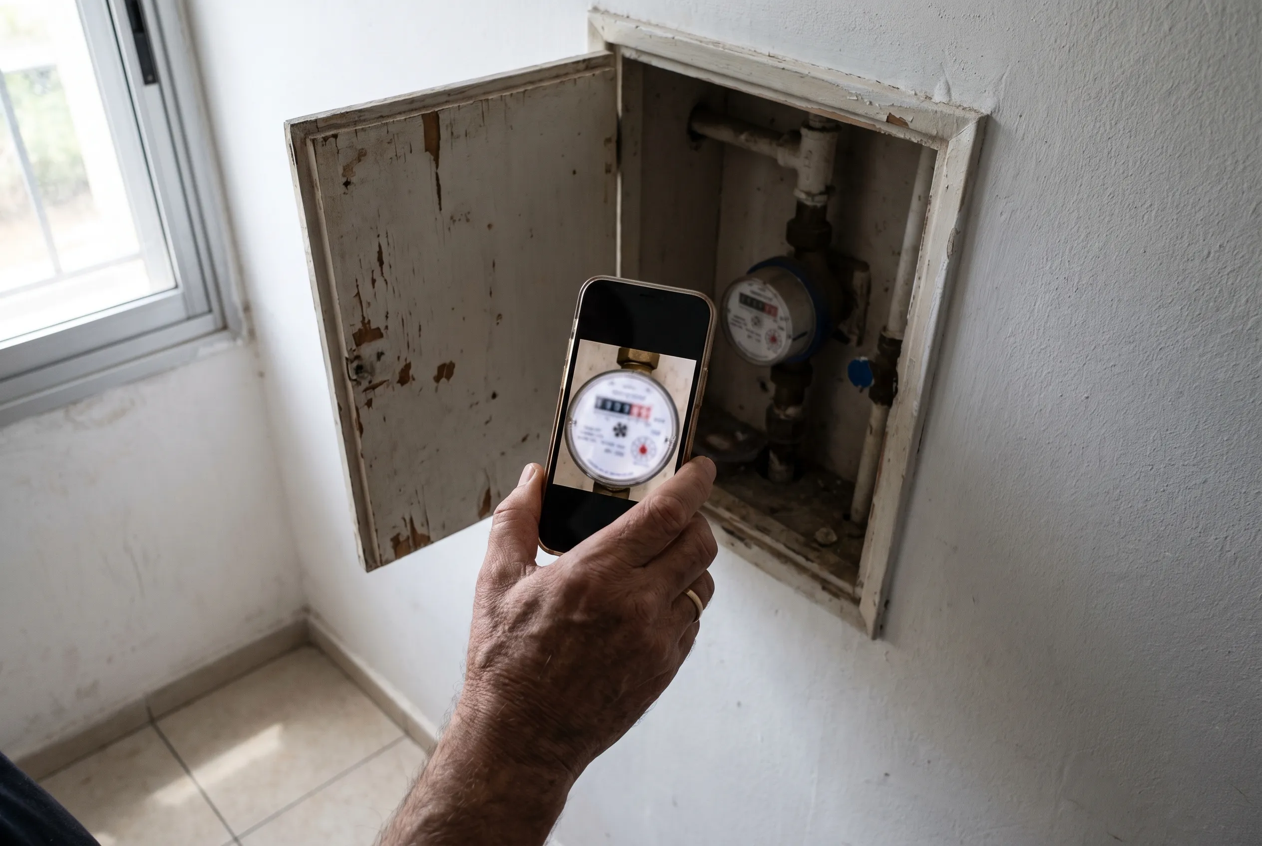 צילום שעון המים בטלפון לבדיקת נזילה