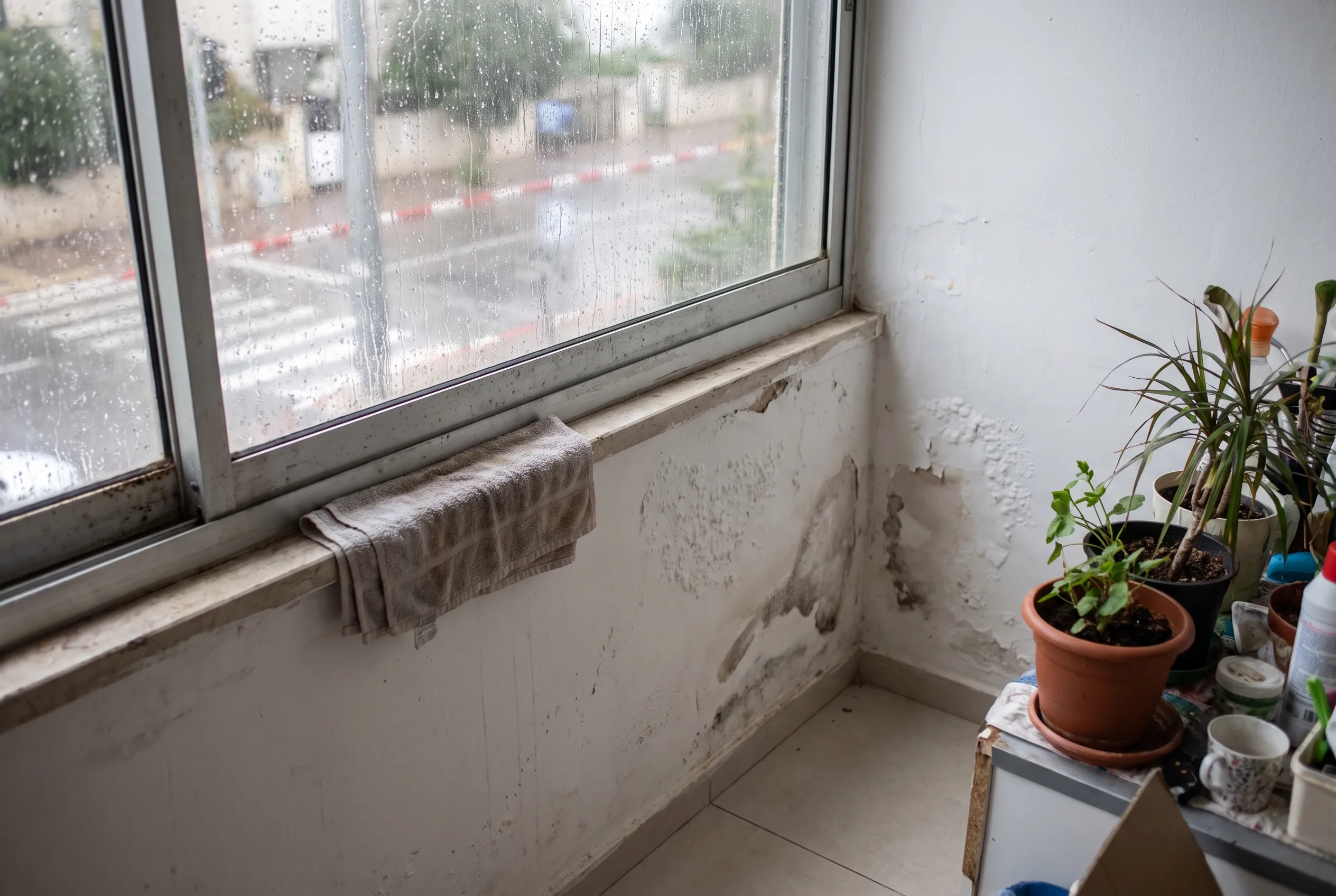 חלון אלומיניום ביום גשום עם כתמי מים וצבע מתנפח מתחת לאדן
