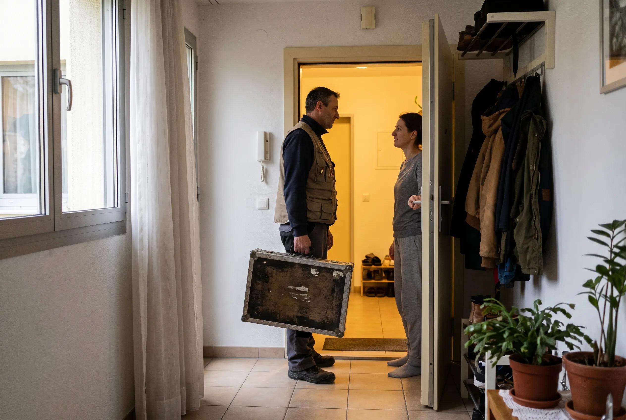 מאתר נזילות עם מזוודת ציוד מגיע לדירה ומדבר עם בעלת הבית