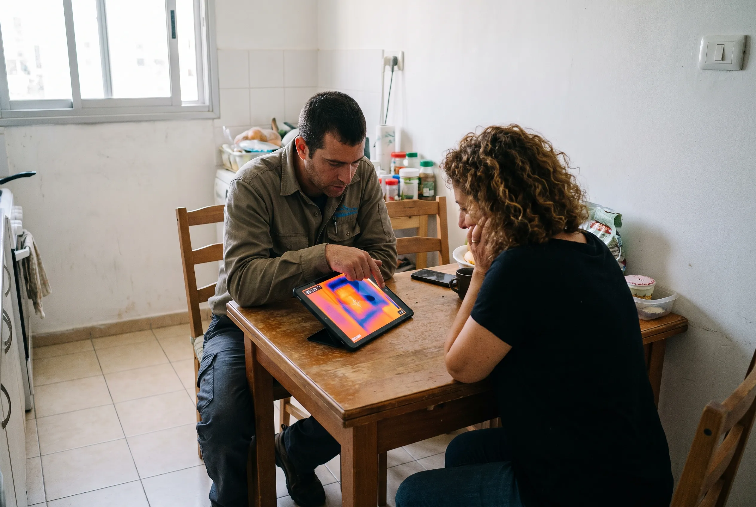 מאתר נזילות מציג לבעלת הדירה את הממצאים והתמונות הטרמיות בטאבלט