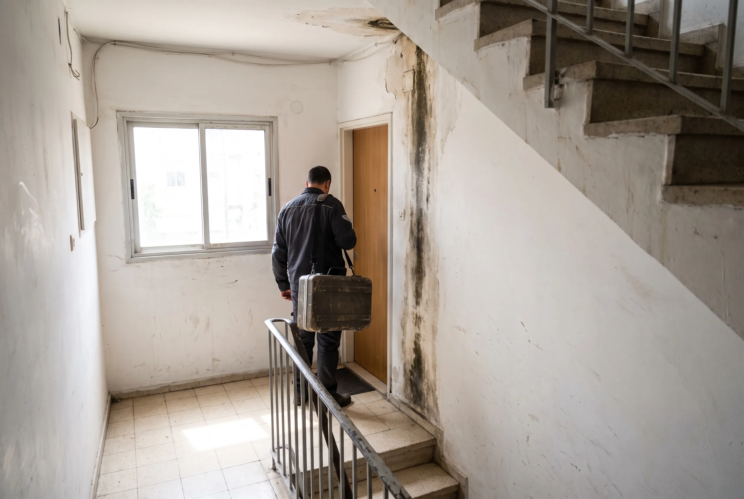 מאתר נזילות עולה לדירת השכן מלמעלה, כתם רטיבות על קיר חדר המדרגות
